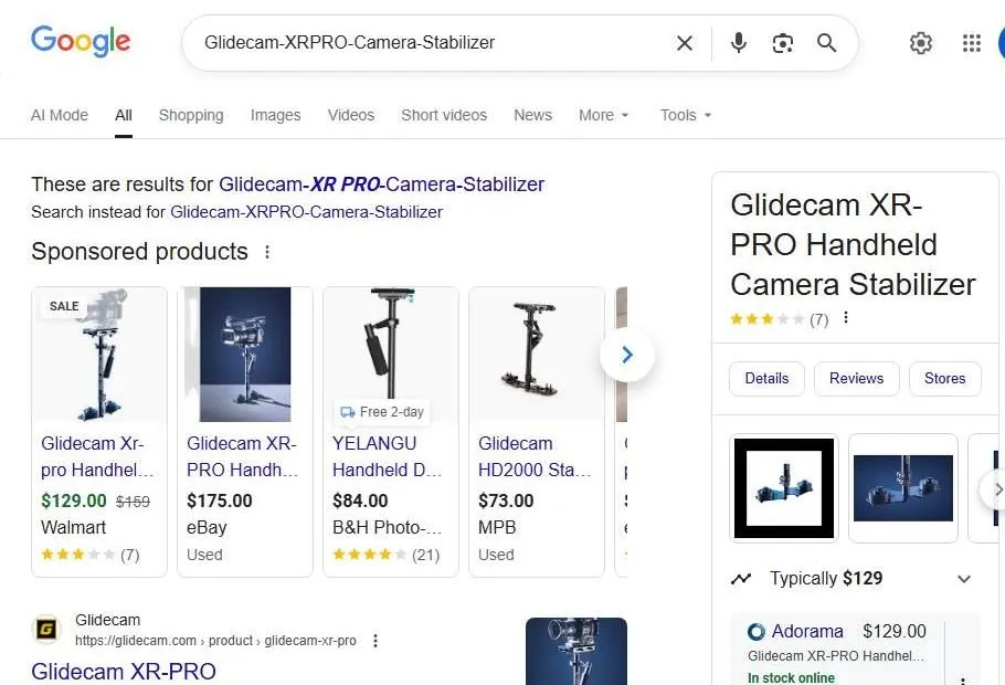 Google Search results for Glidecam XR PRO Camera Stabilizer