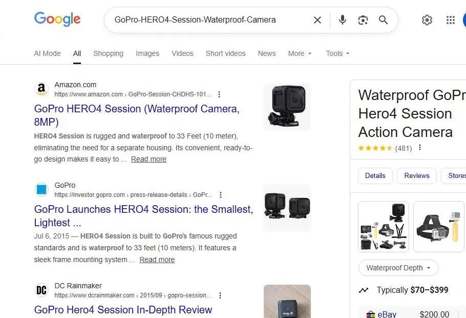 Google Search Results for GoPro HERO4 Session