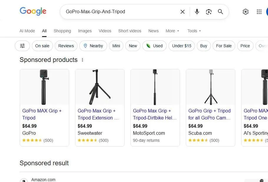 Google Search Results for GoPro Max Grip and Tripod