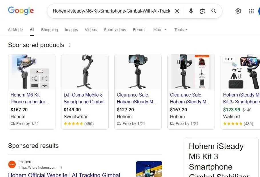 Google Search Results for Hohem iSteady M6 Smartphone Gimbal