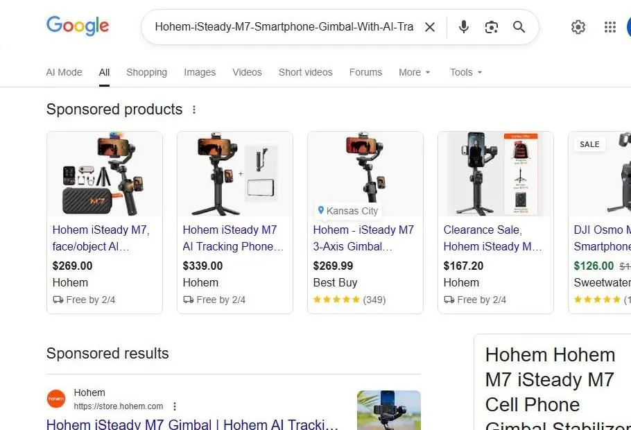 Google Search Results for Hohem iSteady M7 Gimbal