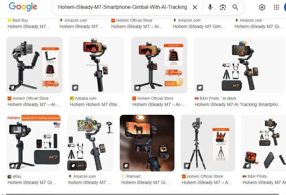 Google Search results for Hohem iSteady M7 Smartphone Gimbal with AI Tracking
