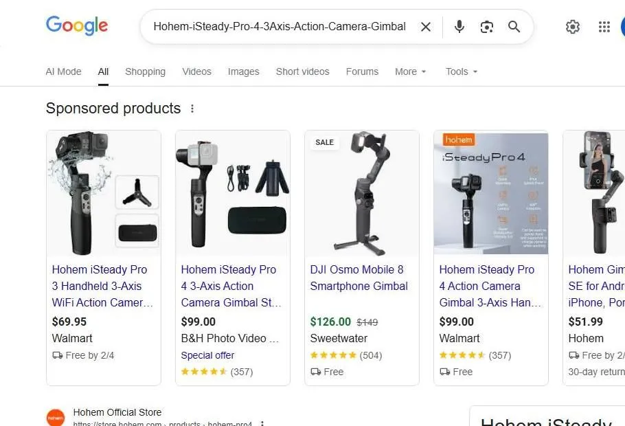 Google Search Results for Hohem iSteady Pro 4 Gimbal