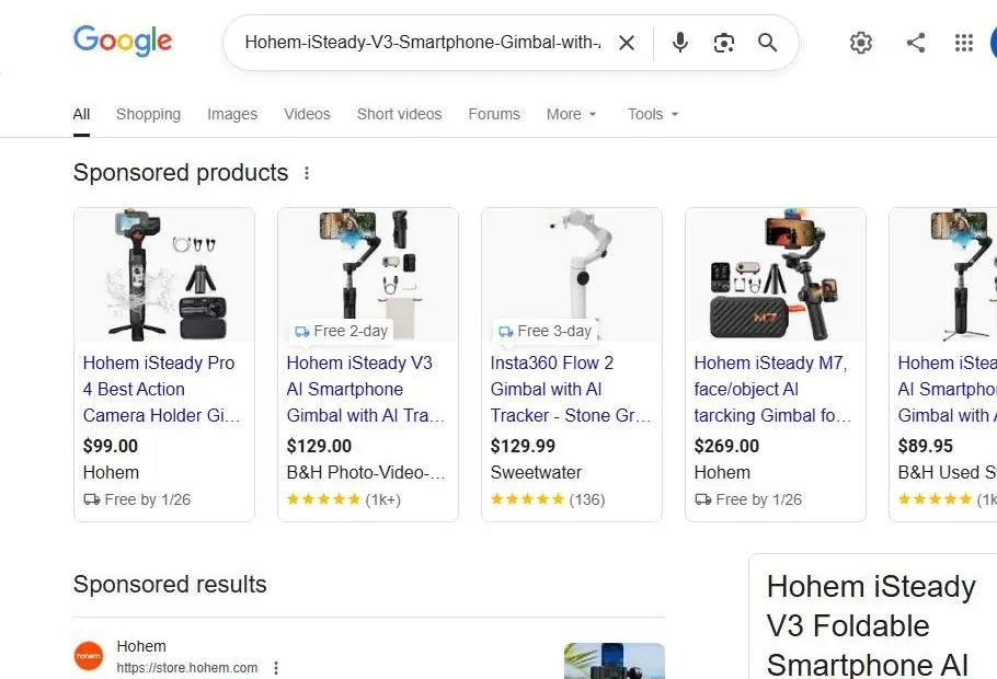 Google Search Results for Hohem iSteady V3 Smartphone Gimbal