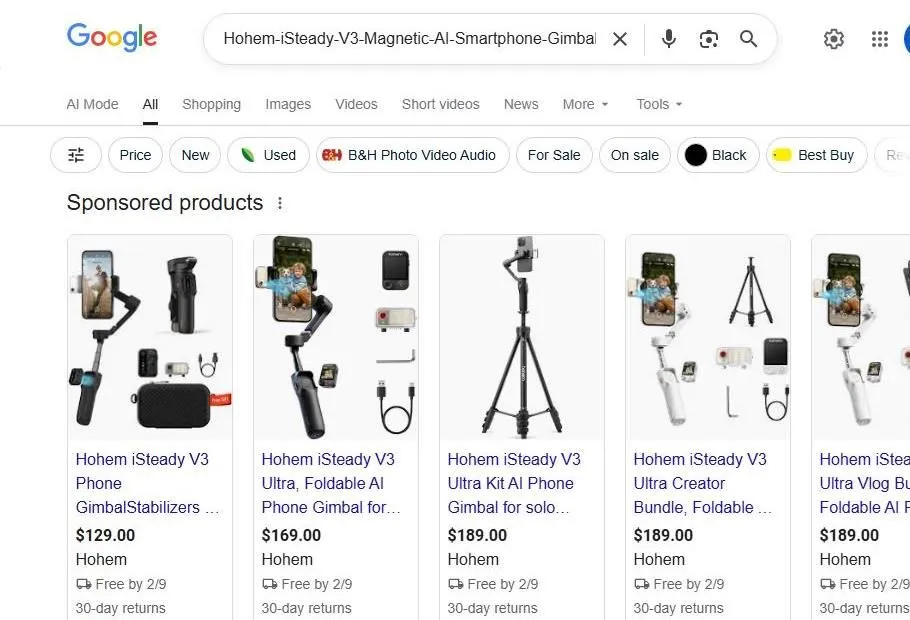 Google Search results for Hohem iSteady V3 smartphone gimbals