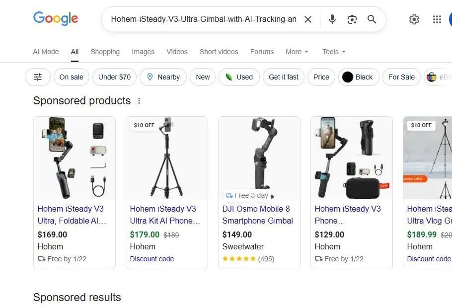 Google Search Results for Hohem iSteady V3 Ultra Gimbal