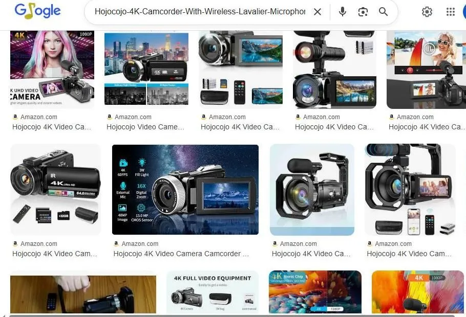 Google search results for Hojocojo 4K video camcorders