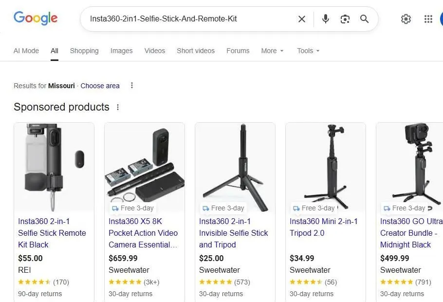 Google Search Results for Insta360 Accessories