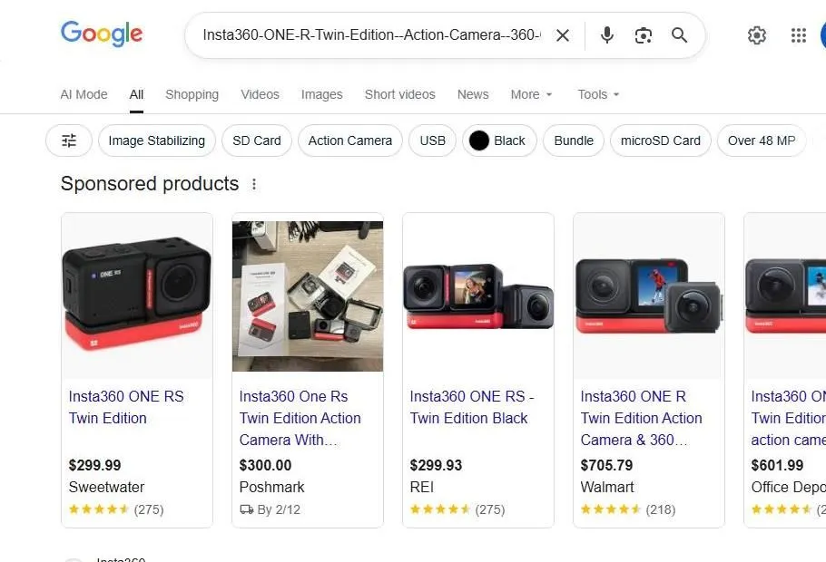 Google search results for Insta360 action cameras