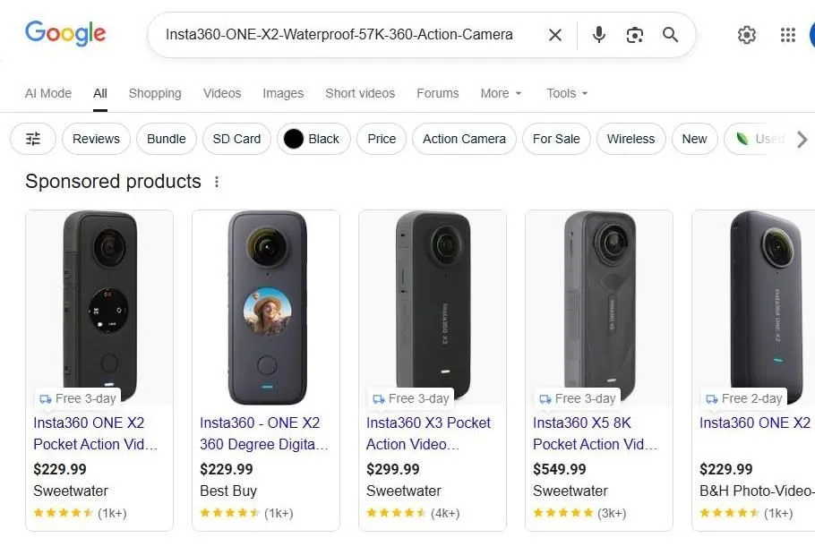 Google Search Results for Insta360 Action Cameras