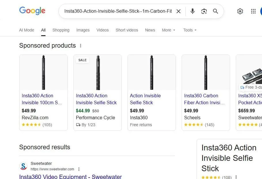 Google Search Results for Insta360 Action Invisible Selfie Stick