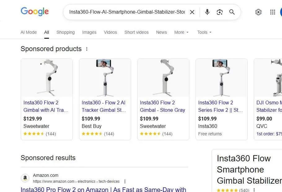 Google Search Results for Insta360 Flow 2