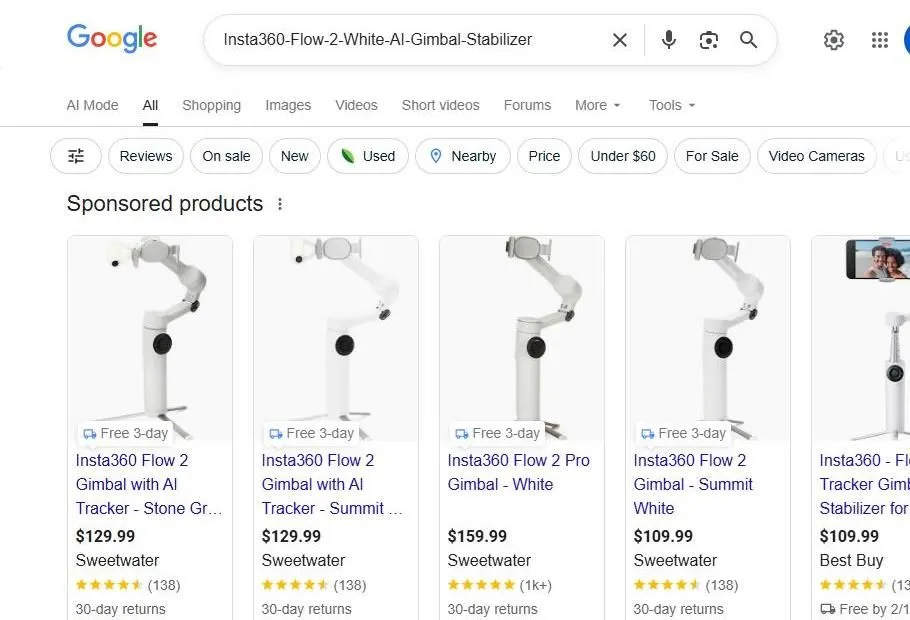 Google Search Results for Insta360 Flow 2 Gimbal