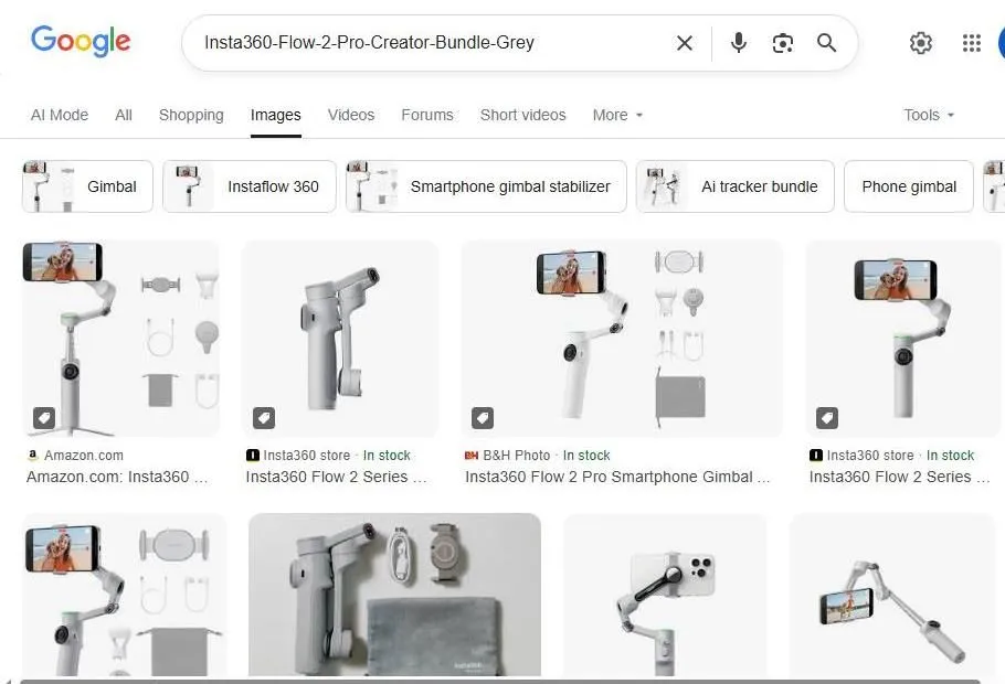 Google Search Results for Insta360 Flow 2 Pro Creator Bundle