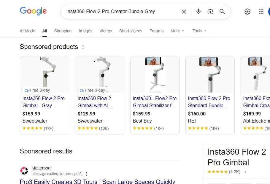 Google Search Results for Insta360 Flow 2 Pro Creator Bundle