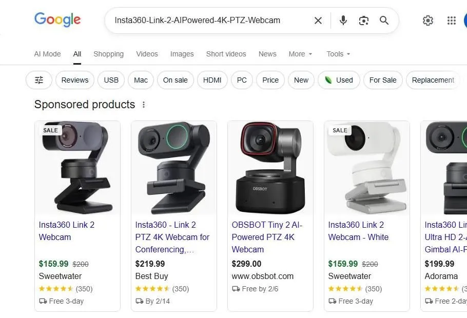 Google Search Results for Insta360 Link 2 Webcam