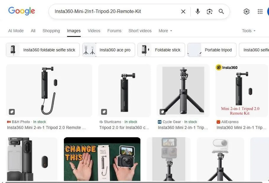 Google Search results for Insta360 Mini 2-in-1 Tripod 2.0 Remote Kit