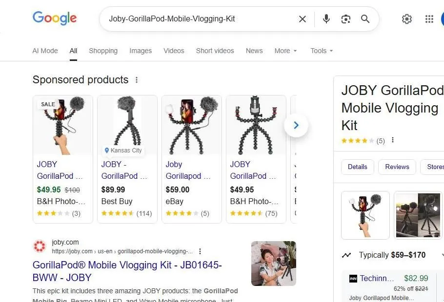 Google Search Results for JOBY GorillaPod Mobile Vlogging Kit