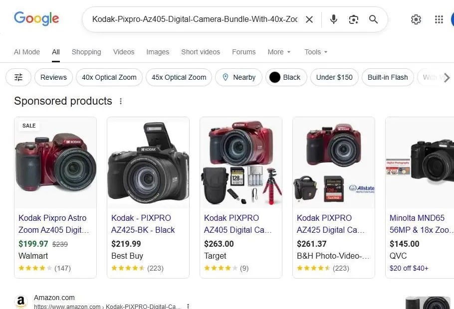 Google search results for Kodak Pixpro AZ405 digital camera