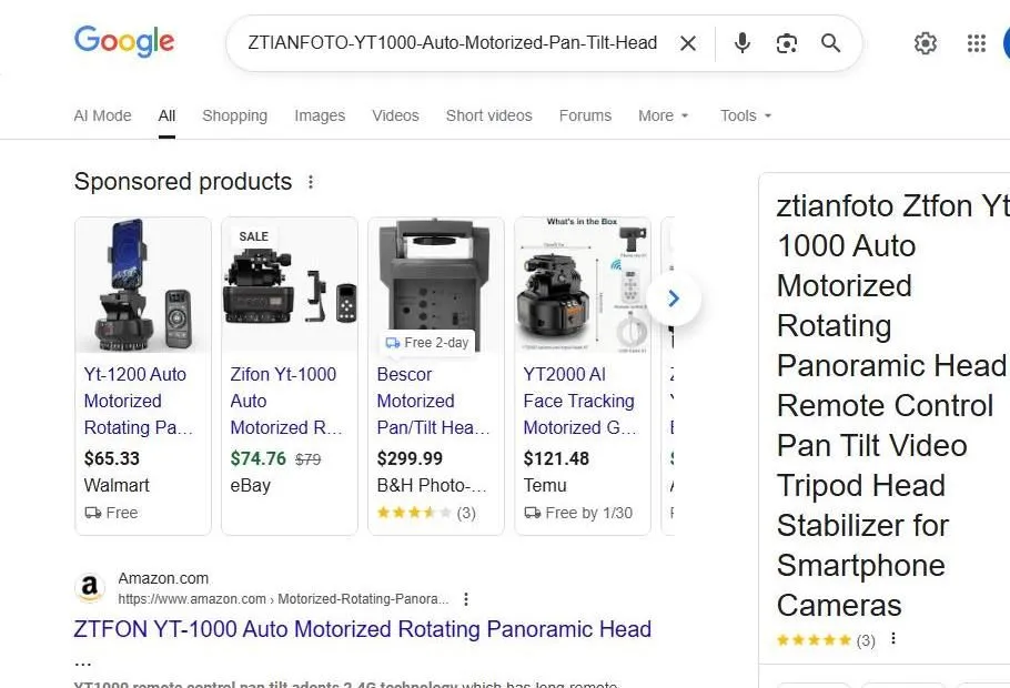 Google Search results for motorized pan tilt heads