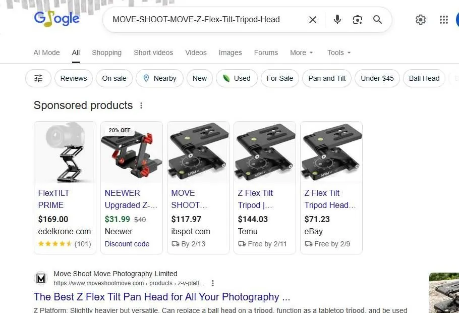 Google Search results for Move-Shoot-Move Z Flex Tilt Tripod Head