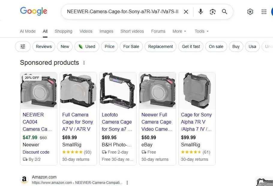Google search results for Neewer camera cages