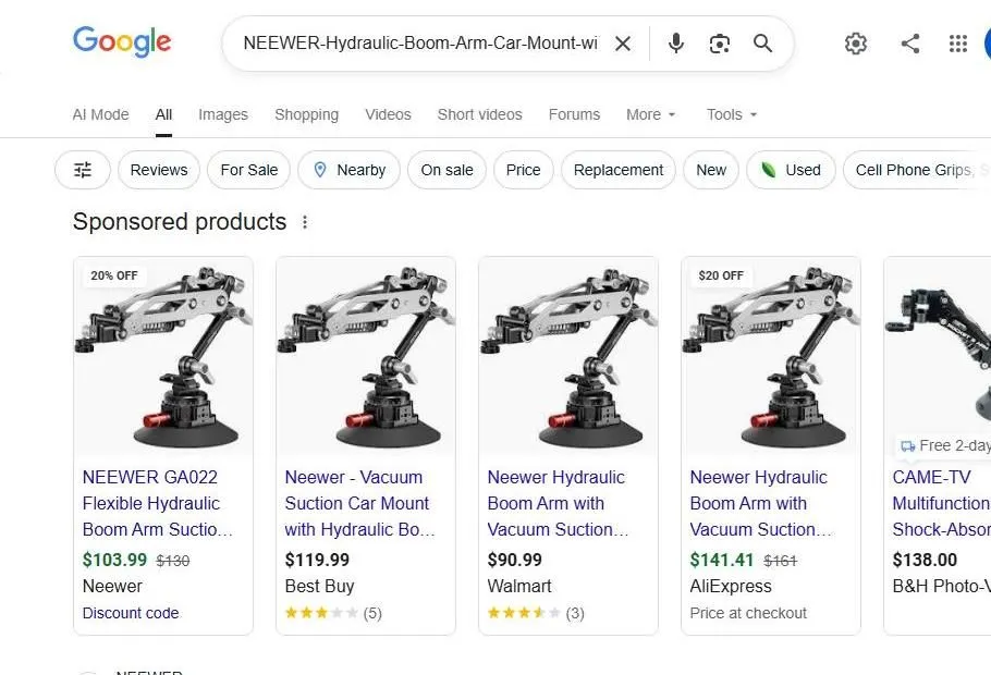Google Search Results for Neewer Hydraulic Boom Arm Car Mount