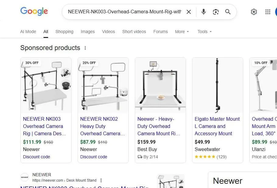 Google Search Results for Neewer Overhead Camera Rigs