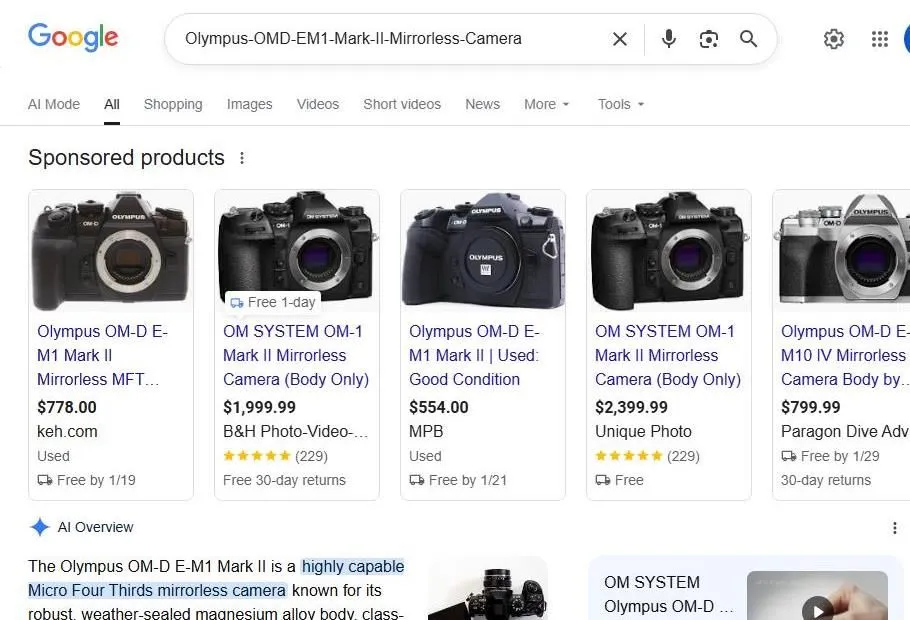 Google Search Results for Olympus E-M1 Mark II