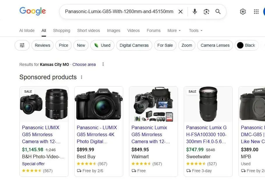 Google Search Results for Panasonic Lumix G85 Camera