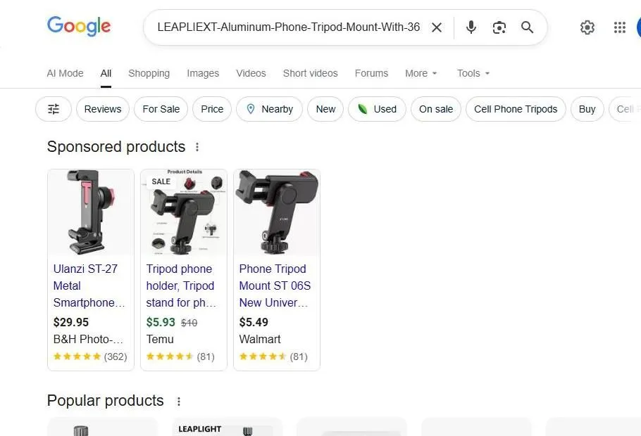Google Search Results for Phone Tripod Mounts