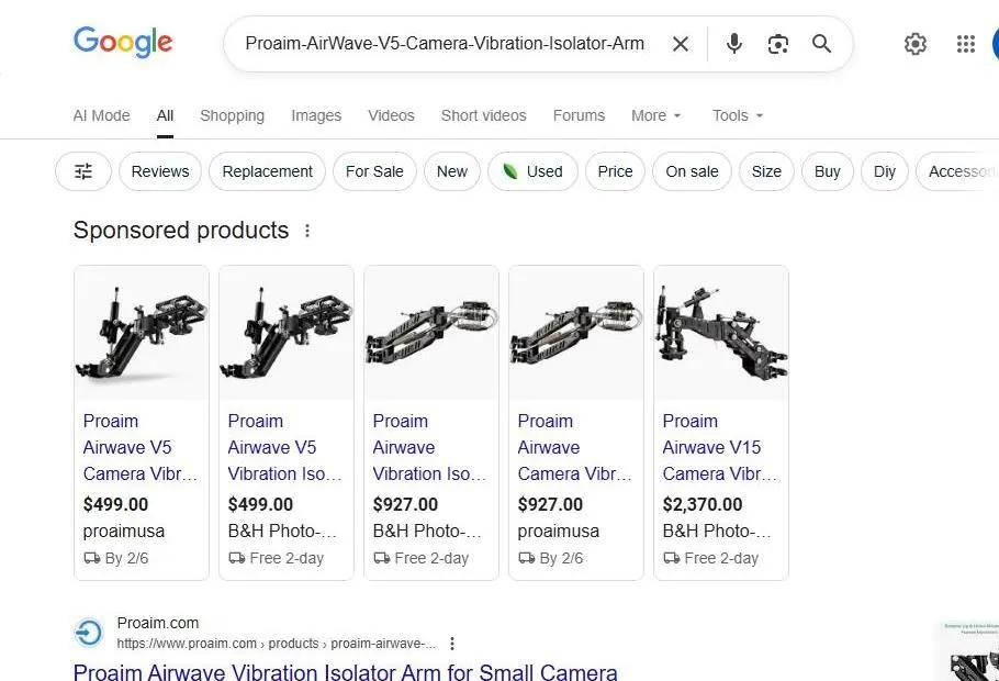 Google Search Results for Proaim Airwave V5 Camera Vibration Isolator Arm