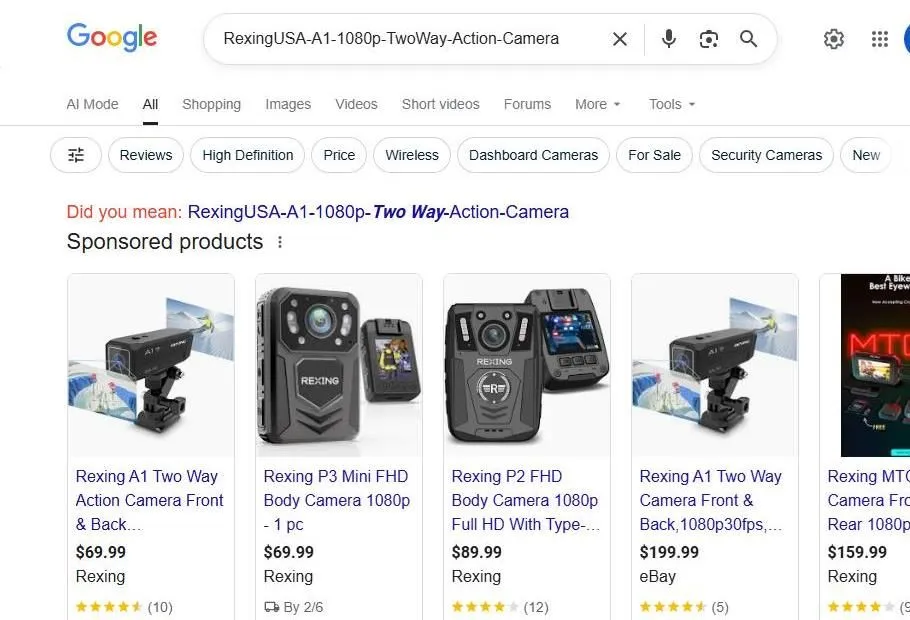 Google Search Results for Rexing Action and Body Cameras