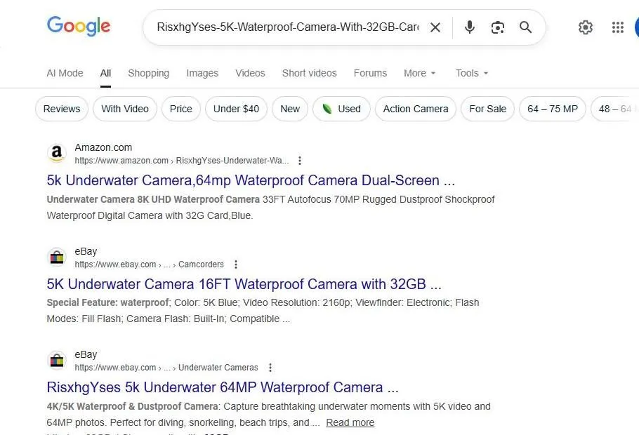 Google Search results for RisxhgYses 5K Waterproof Camera