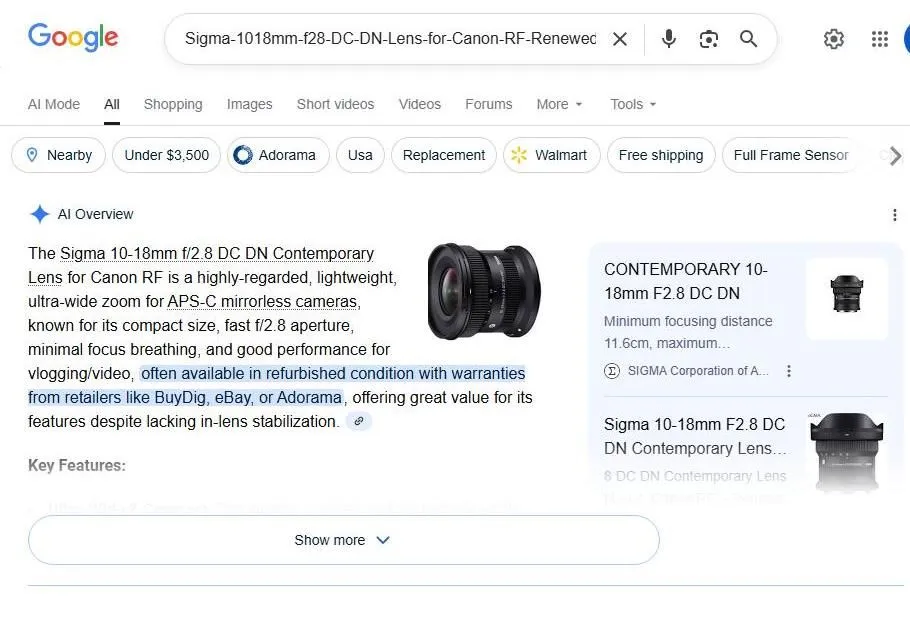 Google Search Results for Sigma 10-18mm Lens