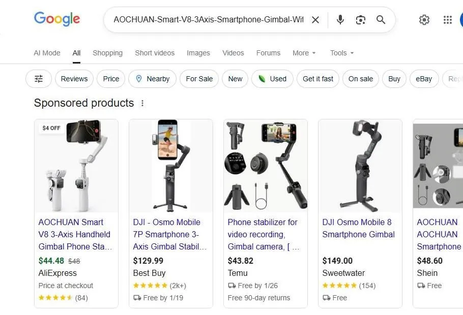 Google Search Results for Smartphone Gimbals