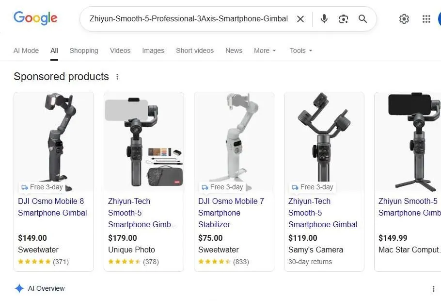 Google Search Results for Smartphone Gimbals