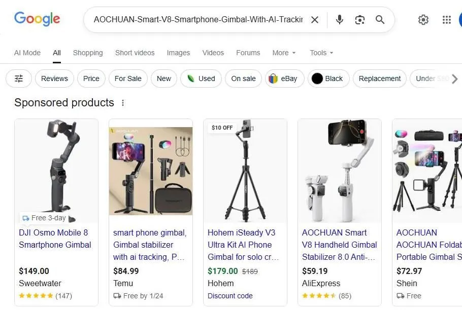 Google Search Results for Smartphone Gimbals