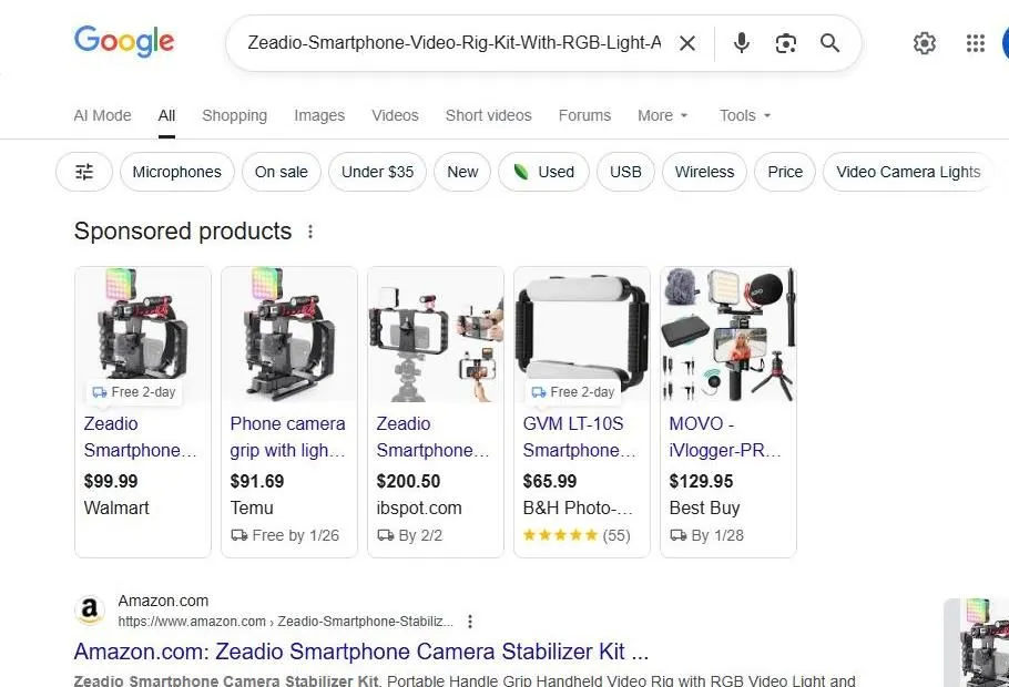 Google Search Results for Smartphone Video Rigs