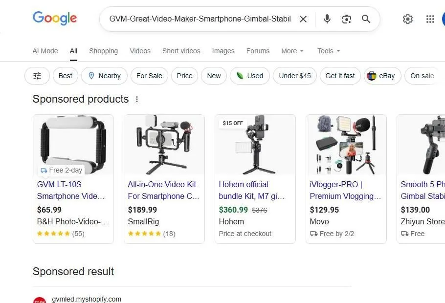 Google search results for smartphone video stabilizer kits