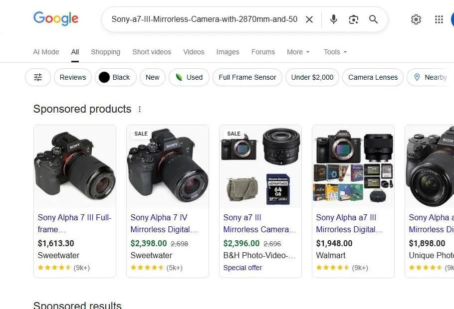Google Search Results for Sony Alpha 7 Cameras