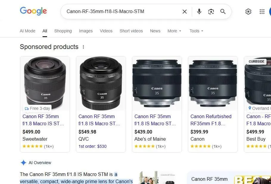 Google search results for the Canon RF 35mm f/1.8 Macro IS STM lens