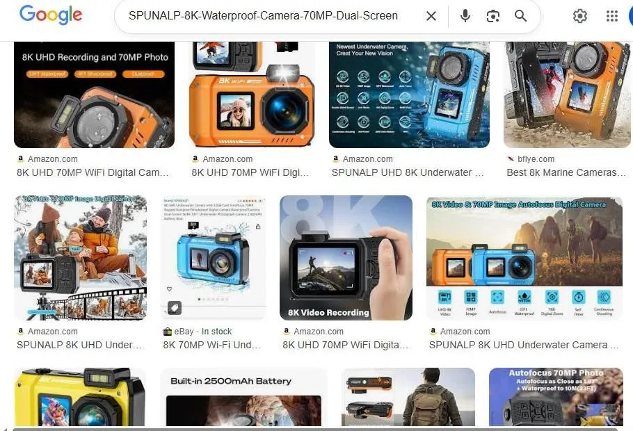 Google search results for the SPUNALP 8K waterproof camera