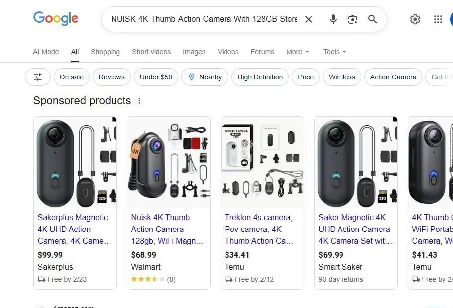 Google Search Results for Thumb Action Cameras