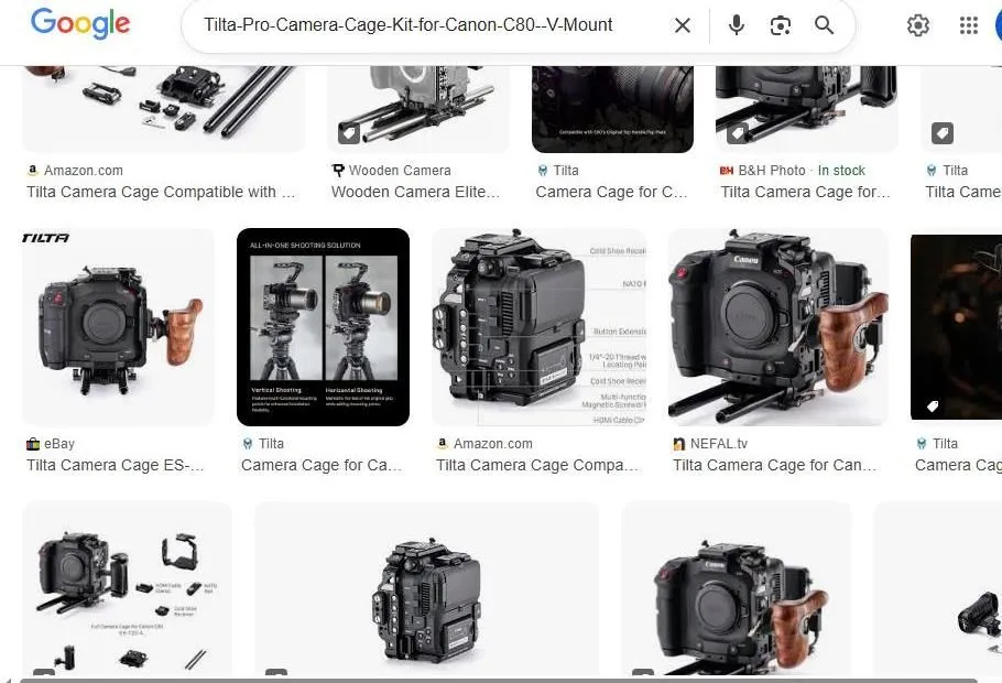 Google search results for Tilta camera cages for Canon C80