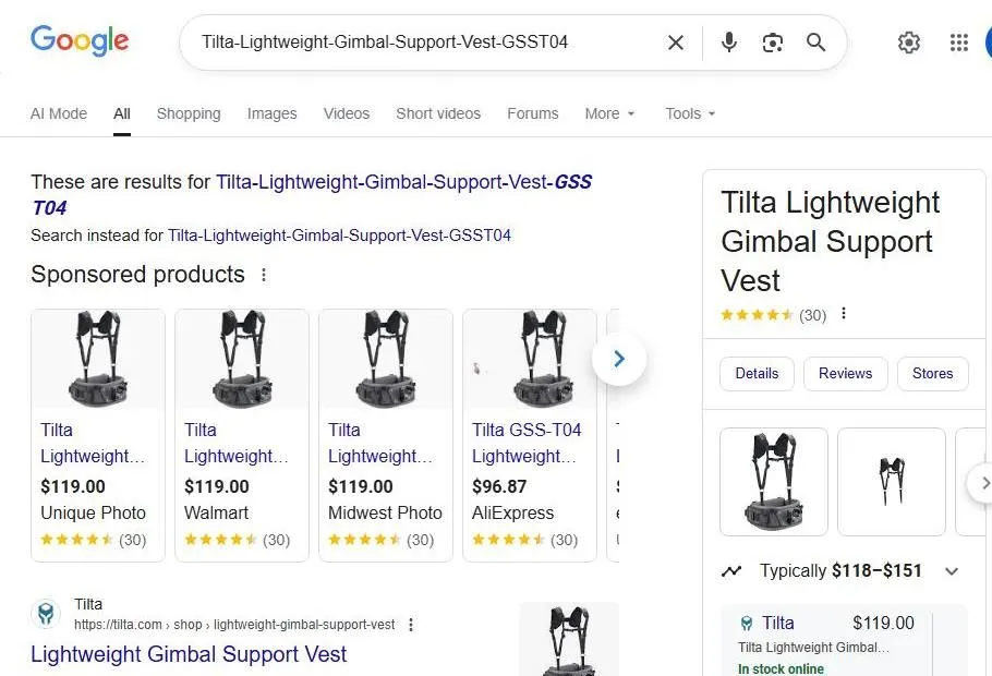 Google Search results for Tilta Lightweight Gimbal Support Vest