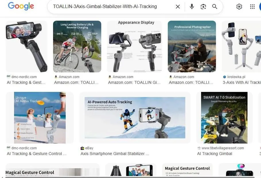 Google Search Results for TOALLIN 3 Axis Gimbal Stabilizer with AI Tracking