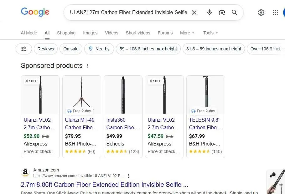 Google Search Results for Ulanzi Carbon Fiber Selfie Stick
