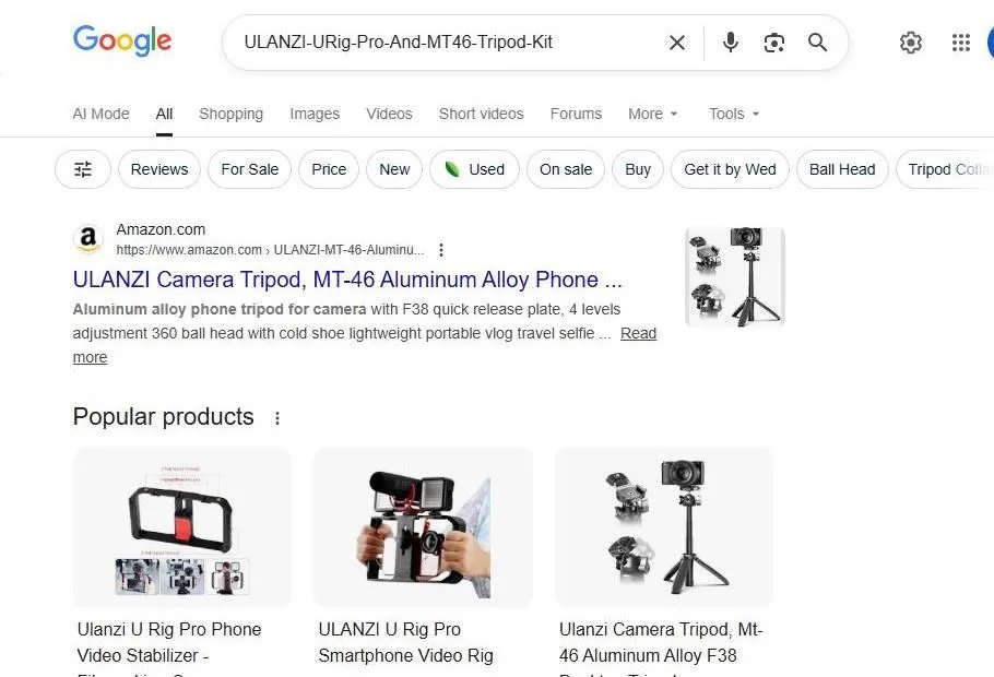 Google search results for Ulanzi smartphone video equipment