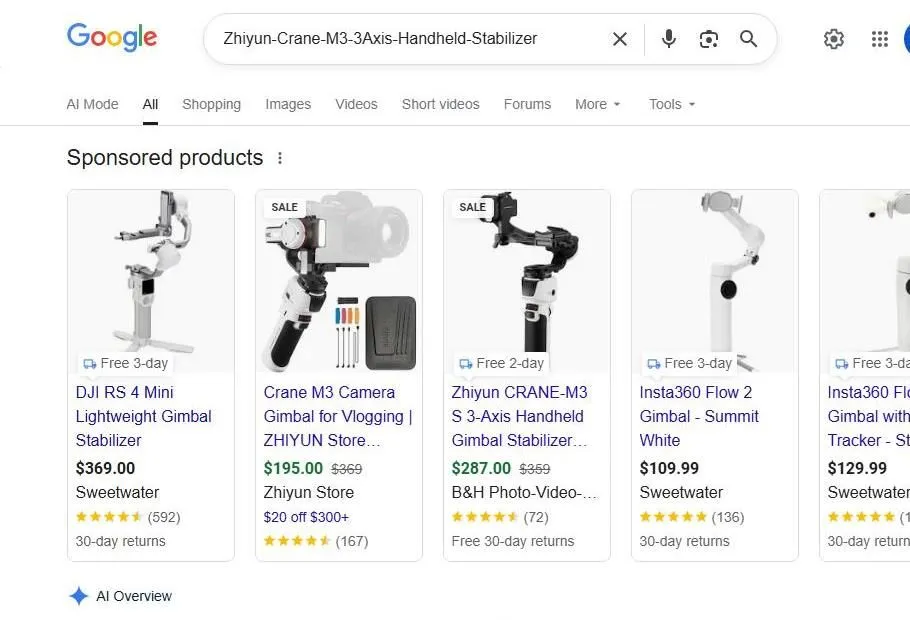 Google Search Results for Zhiyun Crane M3 Gimbal